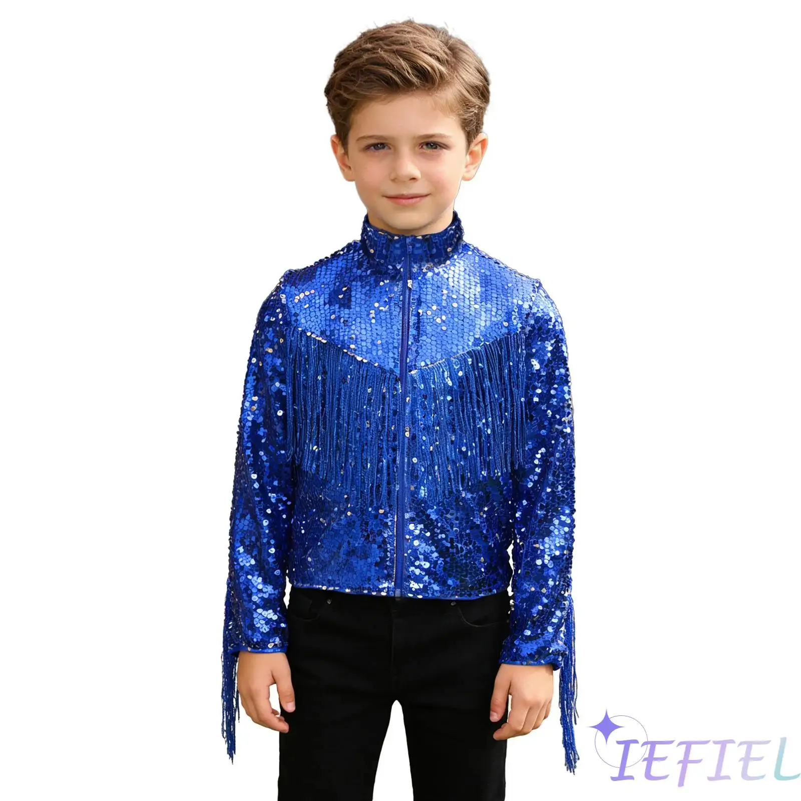 Kids Boys Jazz Dance Jacket Cowboy Outfit Sequin Tassel Long Sleeve Front Zipper Fringe Coat Outerwear for Disco Party Dance