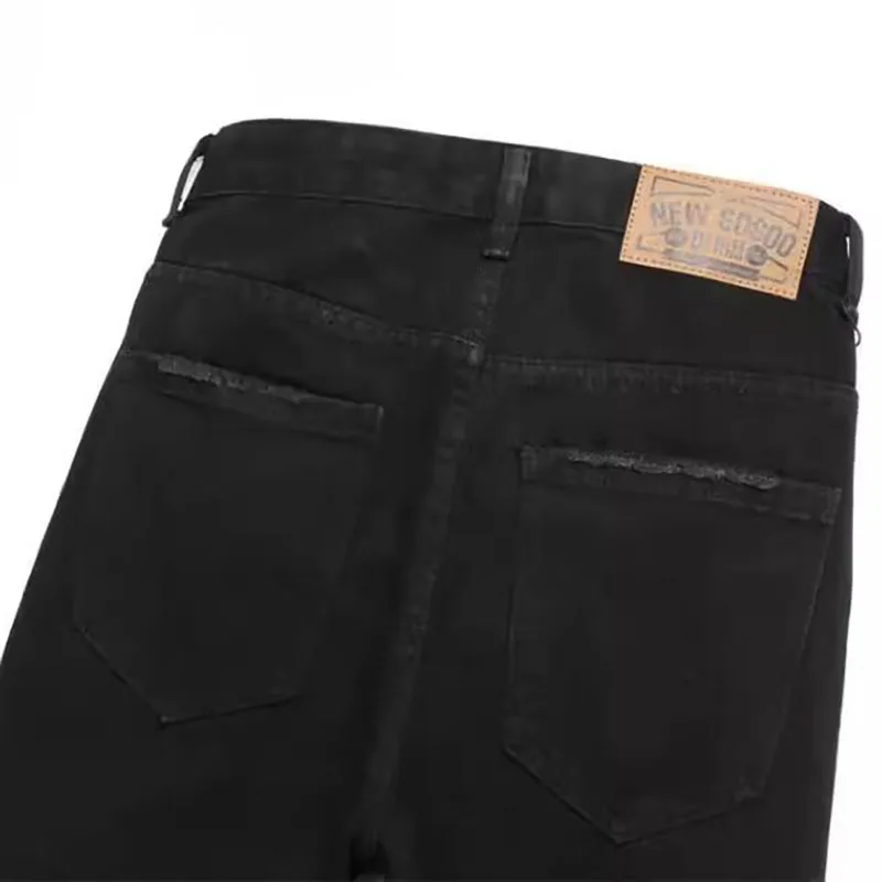Herfst en winter retro zwarte gescheurde jeans heren broek met rechte pijpen Pentagram patch casual jeansbroek