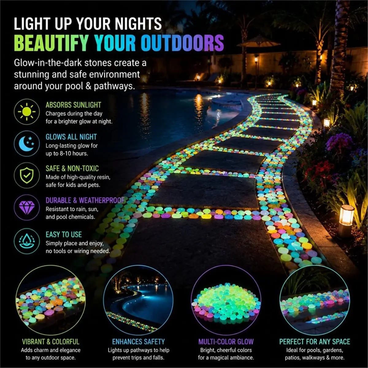salego DIY Colorful Glow-in-the-Dark Garden Stones Rainbow Glow in the Dark Rocks for Garden Outdoor, Walkway Patio Lawn Yard