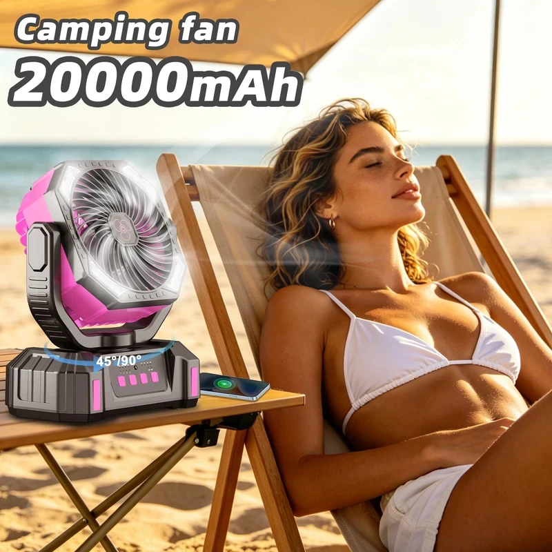 

Camping Fan, Portable Fan Rechargeable with 20000mAh Battery, 4 Speed Control, Fast Charging, Remote & LED Lantern for Tent