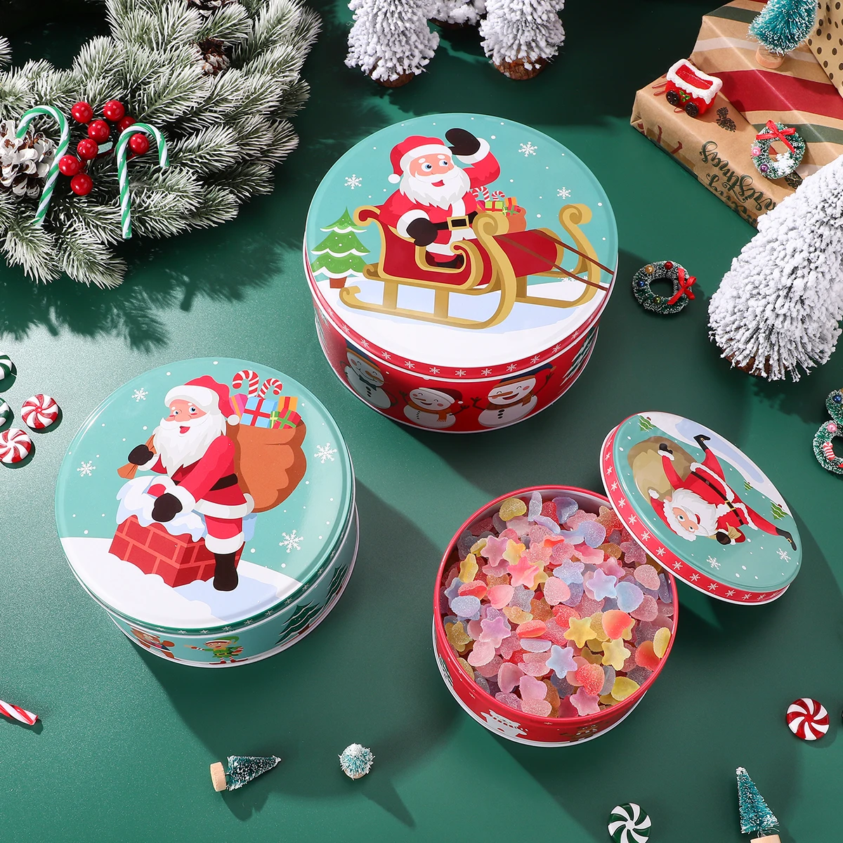 

3pcs Cookie Premium Tinplate Round Christmas Pattern Candy Xmax Favor Boxes Boxes Party Gifts Storage Metal Containers