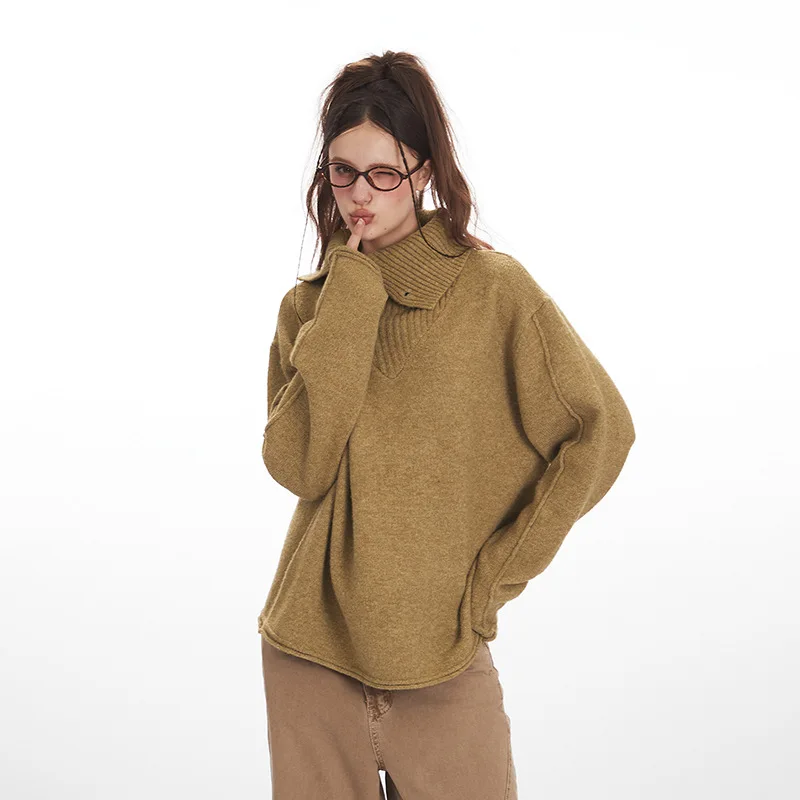 

ALIDI New Product Soft Sticky High Collar Autumn/Winter Loose Lazy Sweater Women's American Hooded Collar Bottom Knitted Sweater
