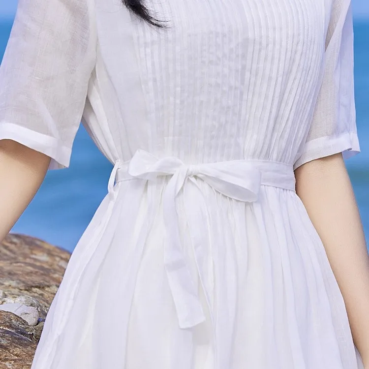 Letnia kolekcja 2025 Nowa Biała Lekka Lniana Plisowana Sukienka Dr Ele Dwuwarstwowa Nie Lekka Casualowa Długa Sukienka Dr