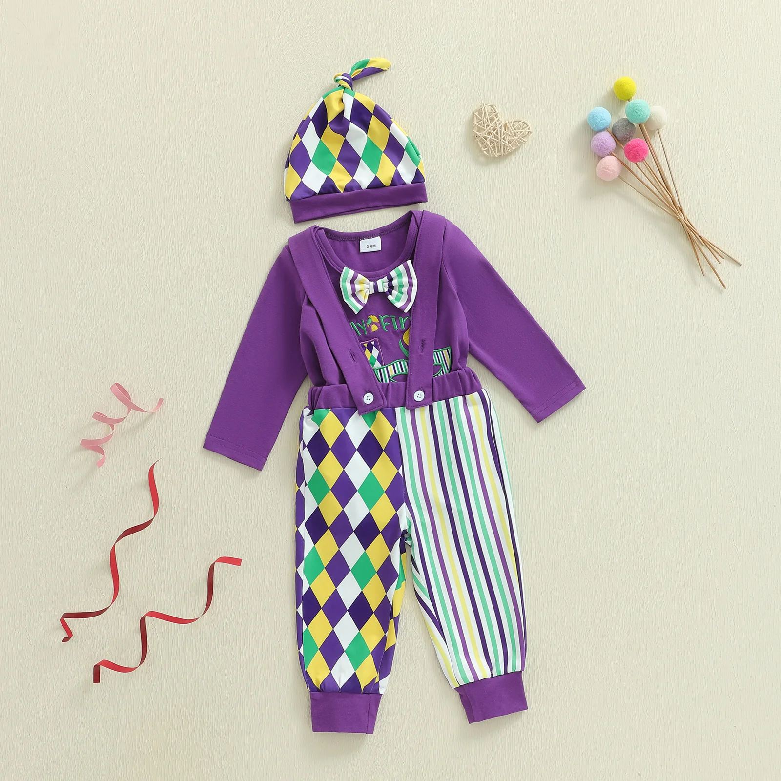 

MardiGras Baby Boy Outfit, Long Sleeve Romper with Rhombus Stripes Suspender Pants and Hat Infant Outfit