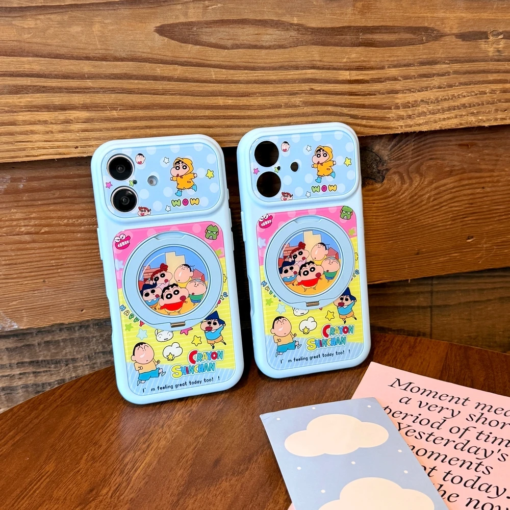 Cute Cartoon Japan Anime Crayon Shin-chan 360°Rotation Stand Phone Case For iPhone 17 16 15 14 13 Pro Max With Ring Holder Cover view 3