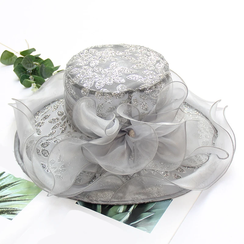 2024 Summer Women Organza Kentucky Derby Wide Brim Travel Sun Hats Elegant Flowers Ladies Wedding Church Party Fedoras Hat