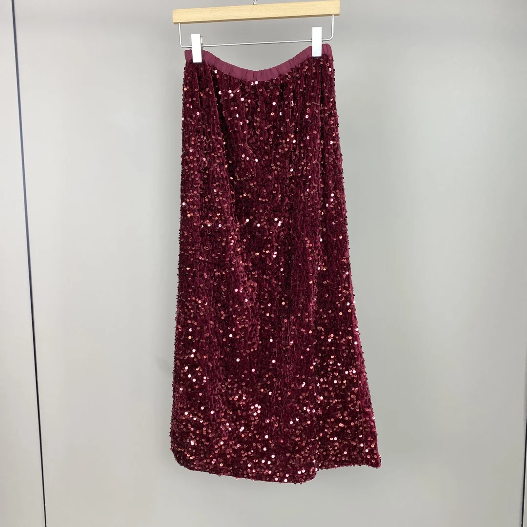 Early Autumn New Style Corduroy Sequined Mid-Length Skirt Elastic Waist Red High Waist Slimming Slit For Women