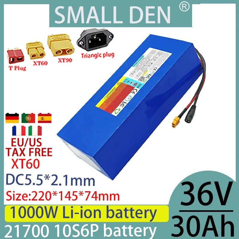 36V 30ah 21700 lithium battery pack 10S5P rechargeable battery 0-1000W, built-in 30A BMS power tool battery+2A 3A 5A charger