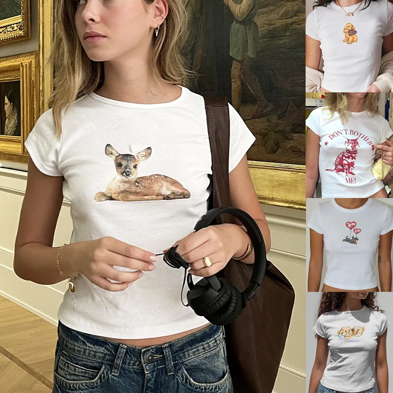 

New 2025 Women's Slim Fit Printed T-irt ort Sve round Ne Cute Sle Animal Pattern Polyester Fabric Spring Season