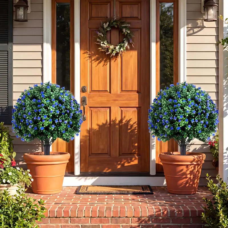 

2 Pack Artificial Camellia Boxwood Topiary Ball Trees 27.5 Inches Faux Floral Shrubs