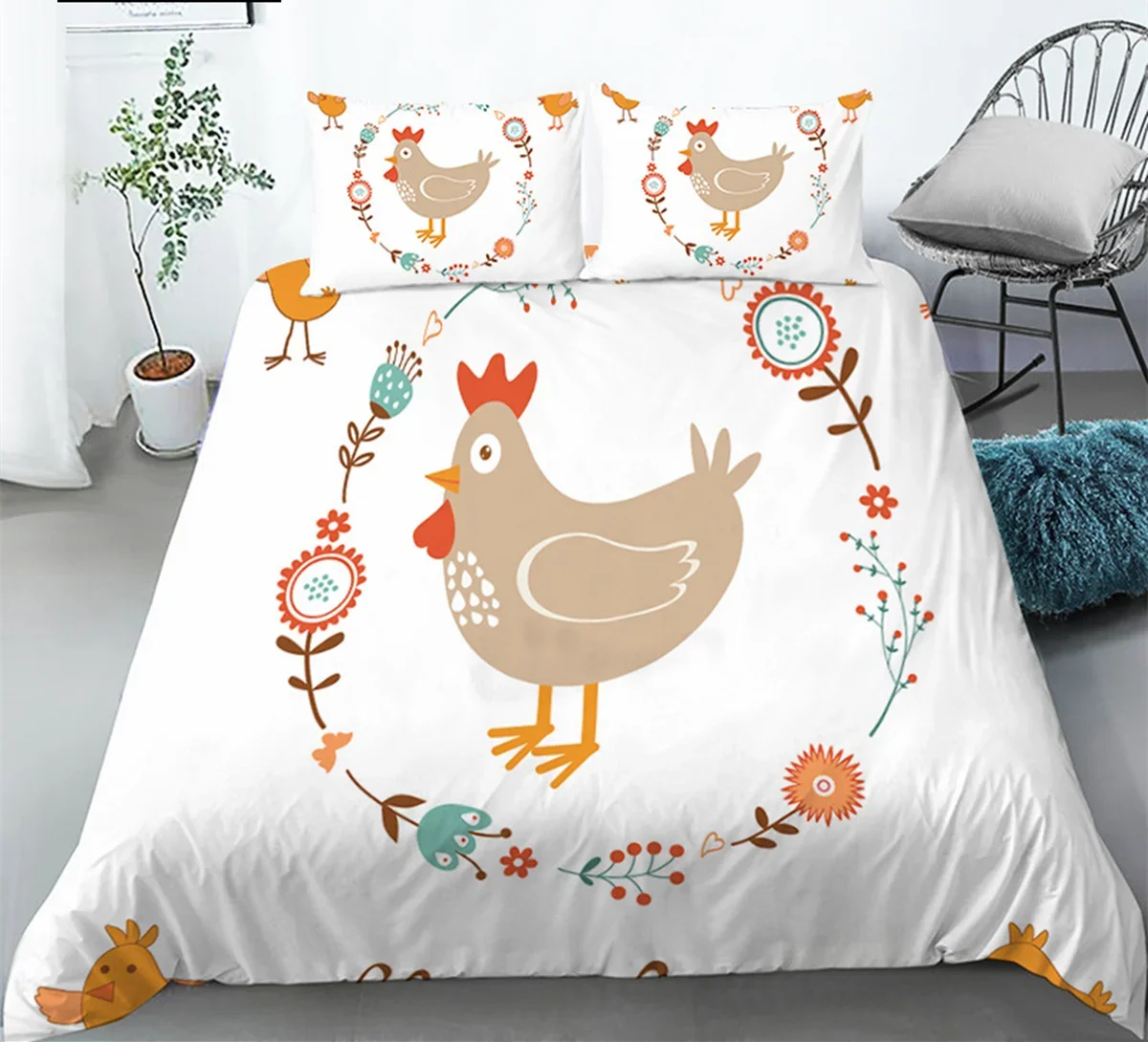 Chicken Animals King Queen Duvet Cover Lovely Cartoon Farm Chick Bedding Set Kids Girls Wildlife 3pcs Polyester Soft Quilt Cover