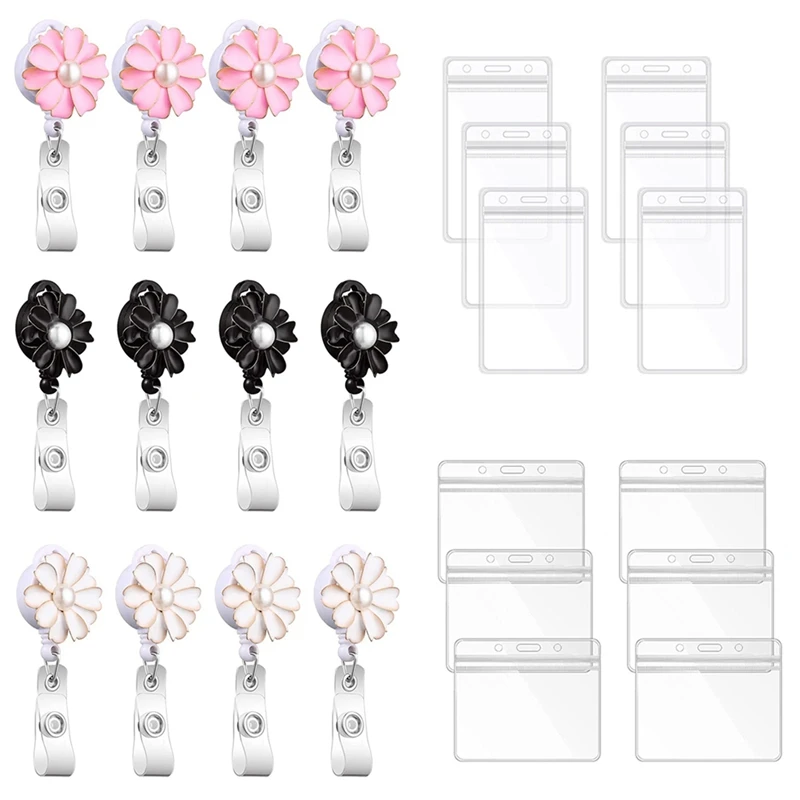 

Flower Badge Reels With Pearl Vertical Clear Name Tag Holder For Girl Women Card Key Cute Badge Necklace