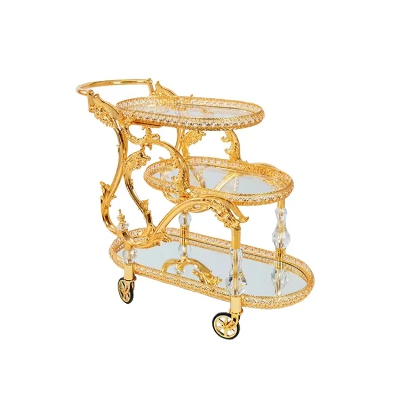 European Classic Trolley Wedding Decoration Golden Dining Cart Luxury Bar 3-Floor Trolley Metal Dining Car