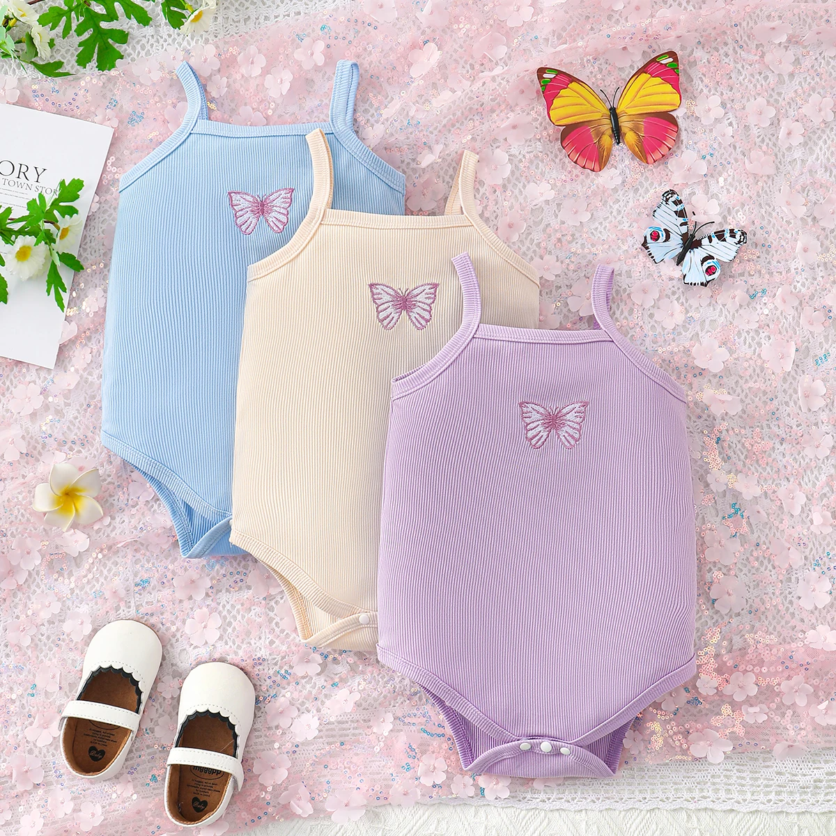 Three piece summer baby girl casual butterfly embroidery solid color pit stripe knitted fabric suspender triangle jumpsuit