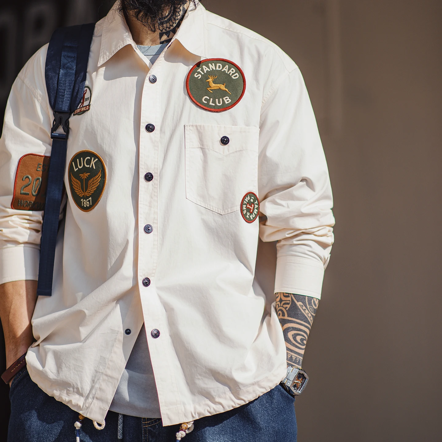 Maden Men's Vintage Patch Embroidery Long Sleeved Shirt White Single-Breasted Pocket Blouse Lightweight Patchwork Jacket Shirt