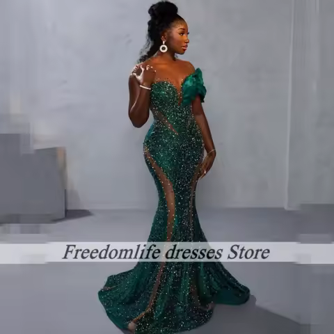Hunter Green Evening Dresses For Women Sequin Aso Ebi Mermaid Wedding Party Dress African Corset Prom Dress 2025 Customized