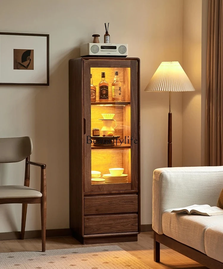 

ls 04North American black walnut wine cabinet Nordic simple solid wood home living room glass display locker