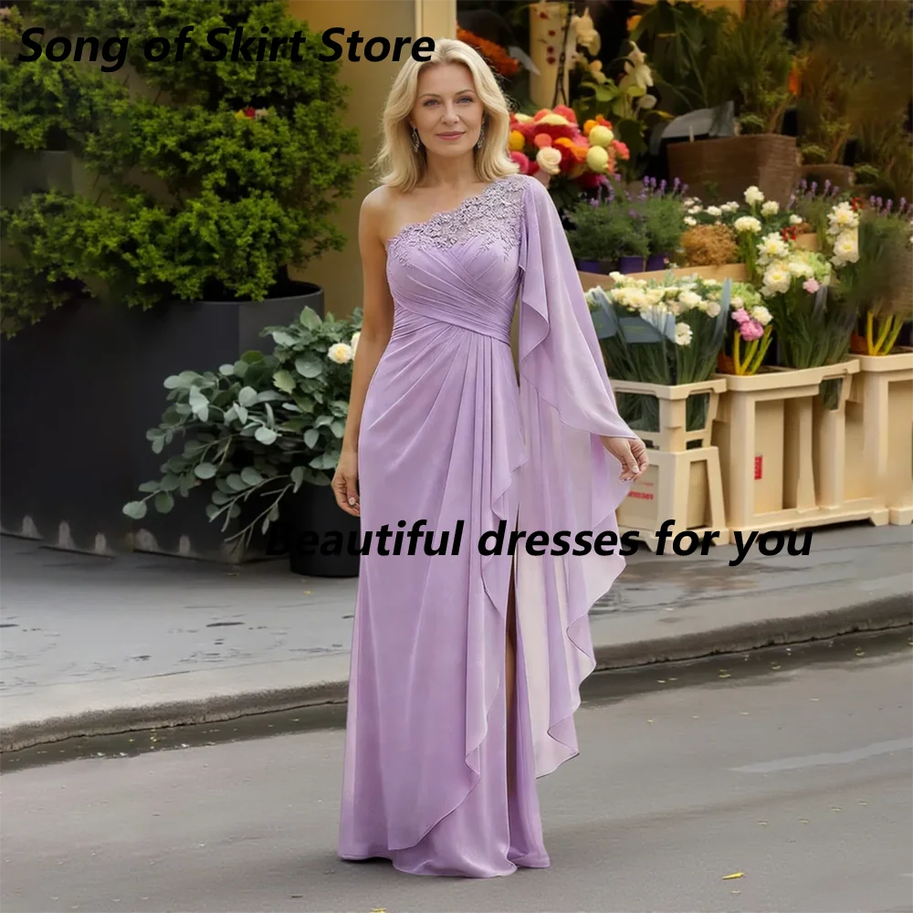 Lilac Chiffon Mother of The Bride Dress One Shoulder Lace Beaded High Slit Elegant Formal Wedding Guest Evening Gown Customized