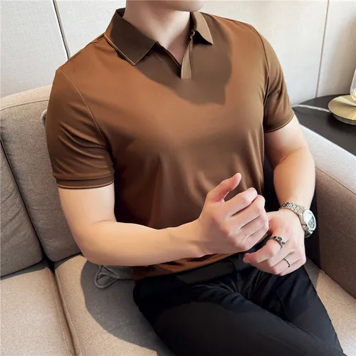 Imagen 2 del producto Camisa Polo de manga corta para hombre, camiseta ajustada elástica informal, ligera, fina, suave, de seda helada, para uso diario, ropa de calle
