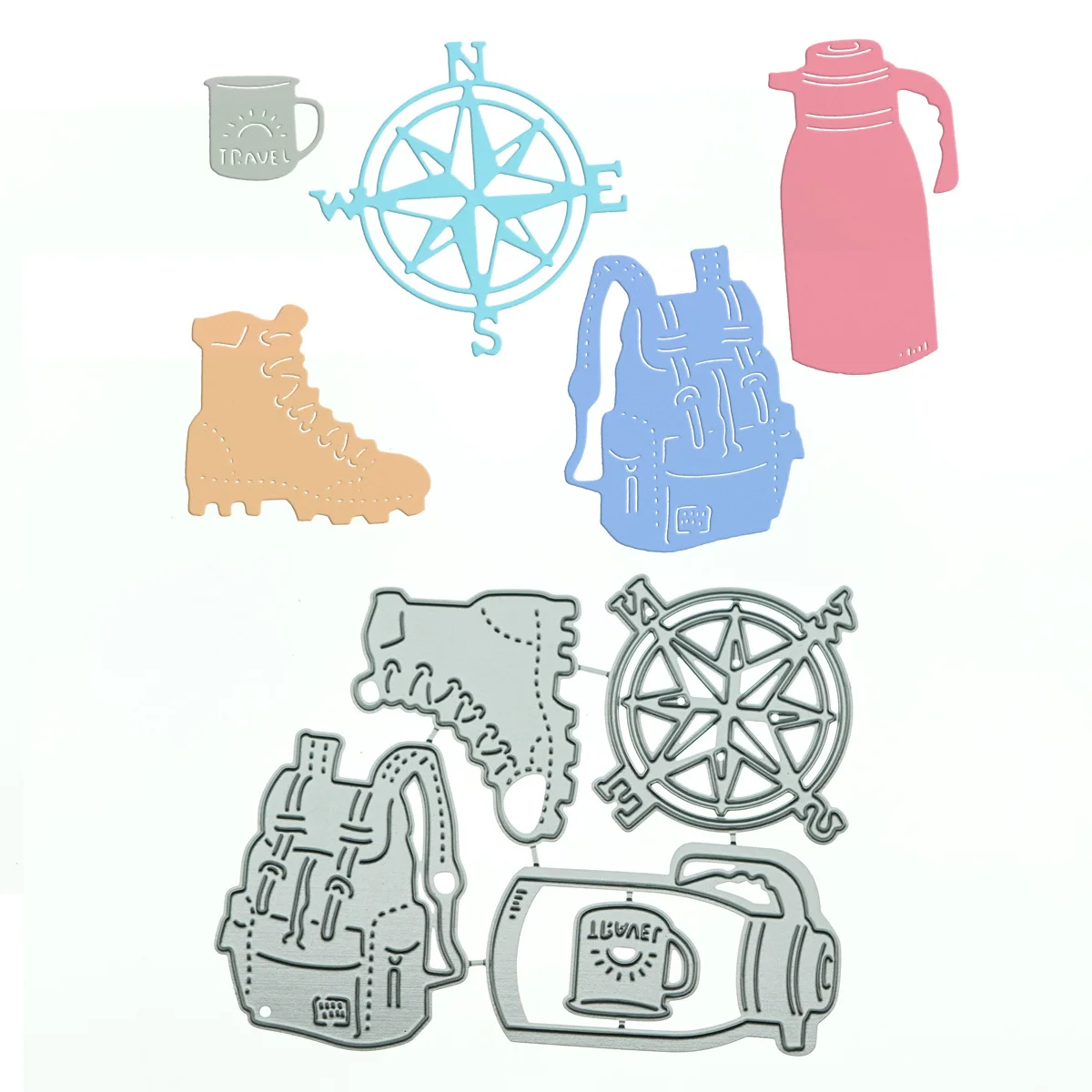 Metal Cutting Dies Set For Scrapbooking Hiking Theme Punch Stencil Compass Bag Shoes Clipart Decorating Handmade Postcard