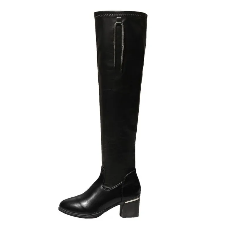 【Neu 2026】Oberschenkelhohe Stiefel für Damen, schwarz, spitze Zehenpartie, Blockabsatz, weiter Schaft, Wildleder, Lackleder, Stretch, schmale Passform, Overknee-Stiefel_voghion.com