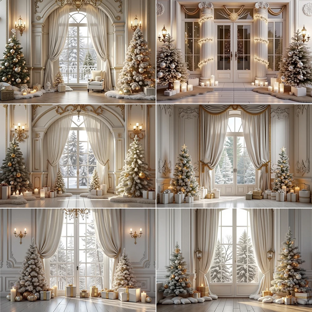 

MOON.QG 2024 Christmas Western Window Curtains Background Xmas Tree Photography Backdrop Children Studio Photocall Accessories