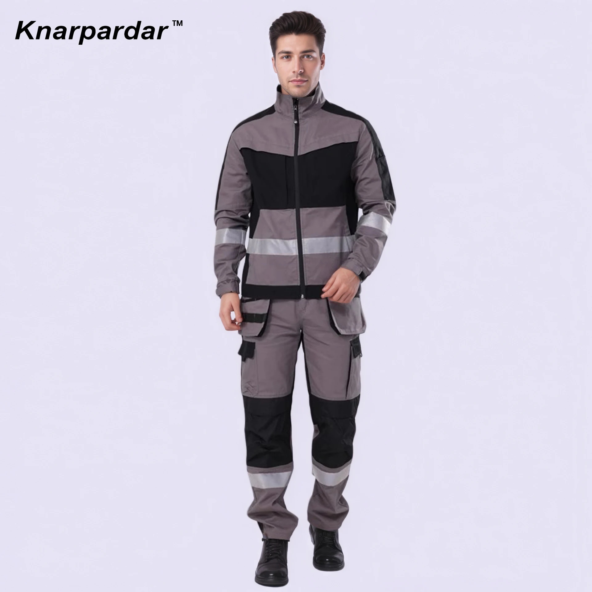 Men's Workwear Jacket Pants with Hi vis stripes and Knee pads Grey Black Construction Maintenance workers Working pants Suit