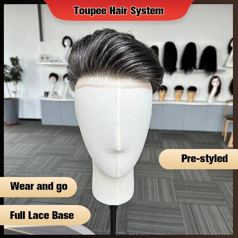 Pre Cut Men\'s Toupee Full Lace Base Human Hair Replacement Toupee System Unit Hair For Men 1B40 Male Wig For Men Hair Prosthesis