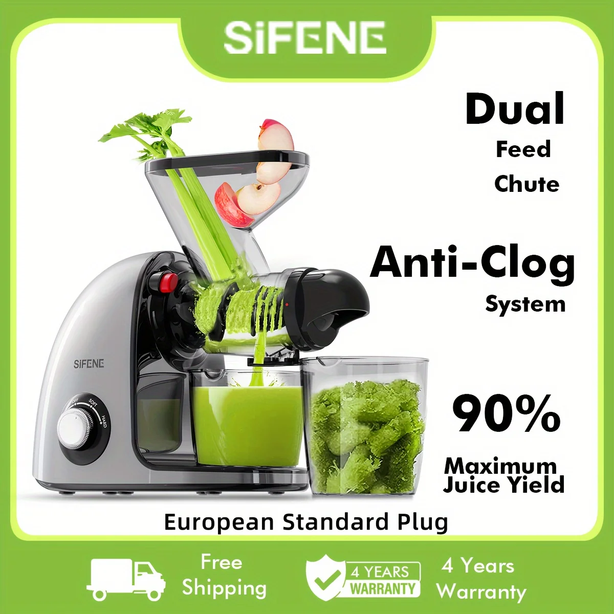 SiFENE Cold Press Juicer, Compact Quiet Juicer, High-Yield Juice Extractor, Anti-Clog, Dual Feed for Fruits & Veggies, Gray