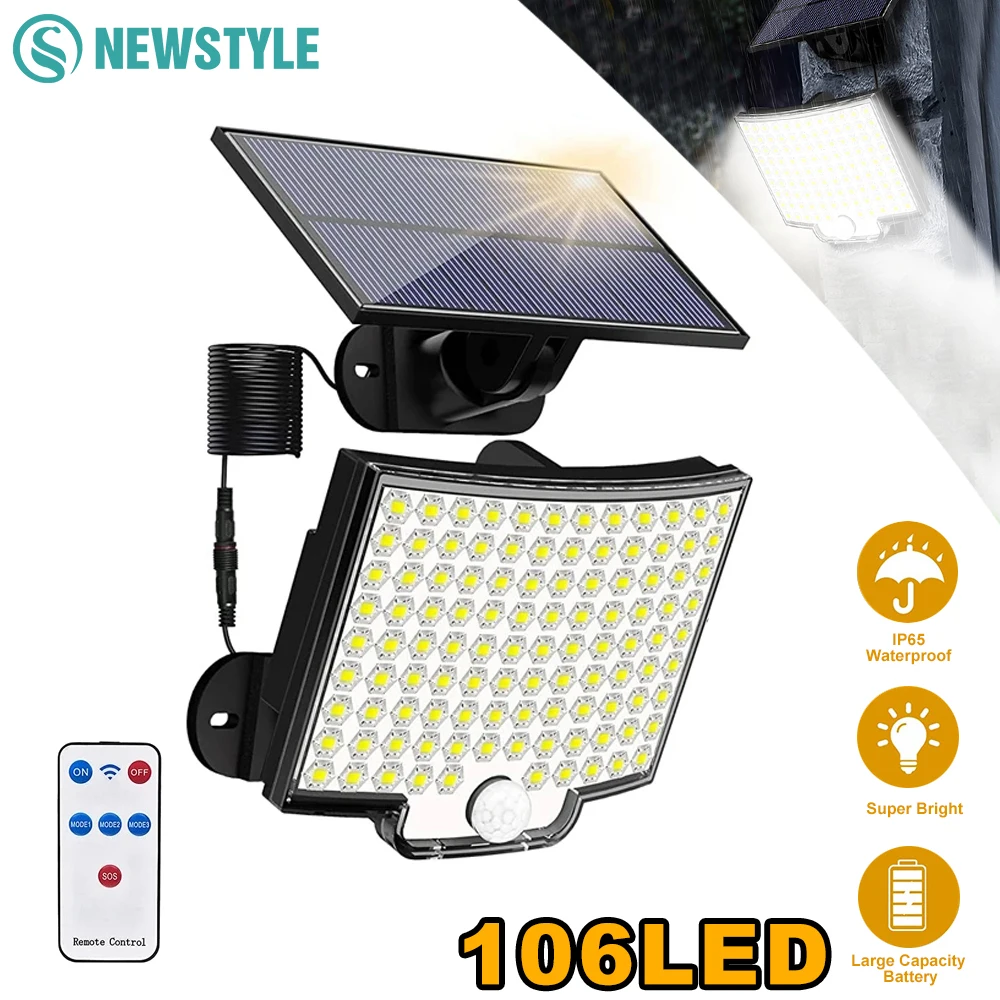 Upgraded 106LED Solar Outdoor Lights 212LED Motion Sensor 3 Heads Solar Powered Flood Lights Waterproof Security Lights Yard