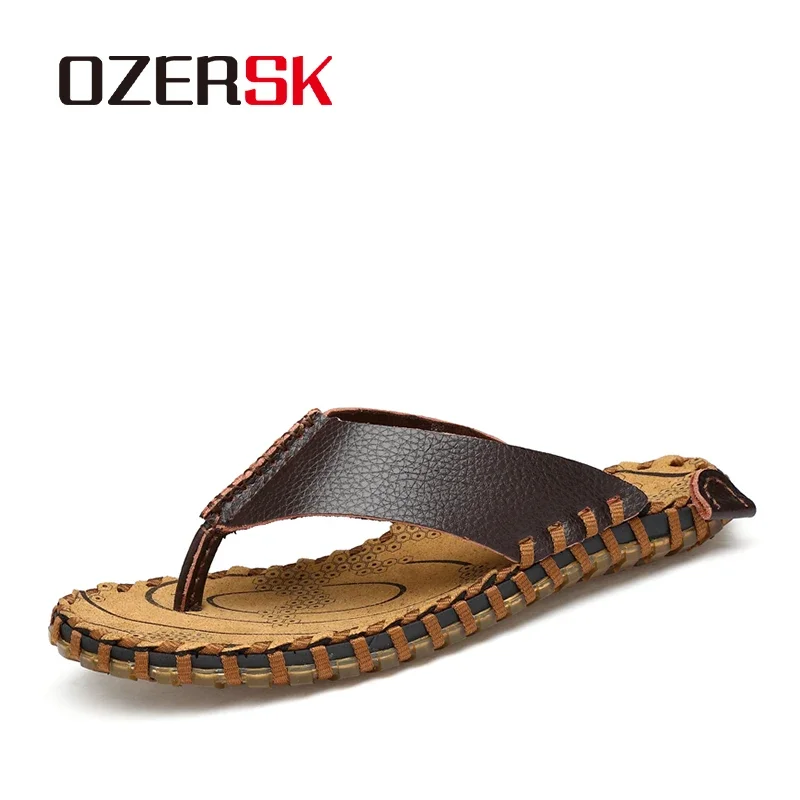 OZERSK Summer Shoes Men Slippers Genuine Leather Beach Slippers Mens Flip Flop Sandals Summer Men Shoes Male Flip Flops