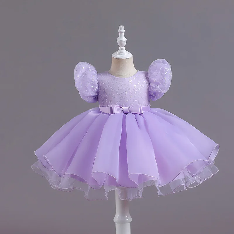 Nuevo vestido de fiesta de cumpleaños de princesa para niños, manga de burbuja de lentejuelas, malla de encaje, vestido esponjoso, vestido de noche de fiesta