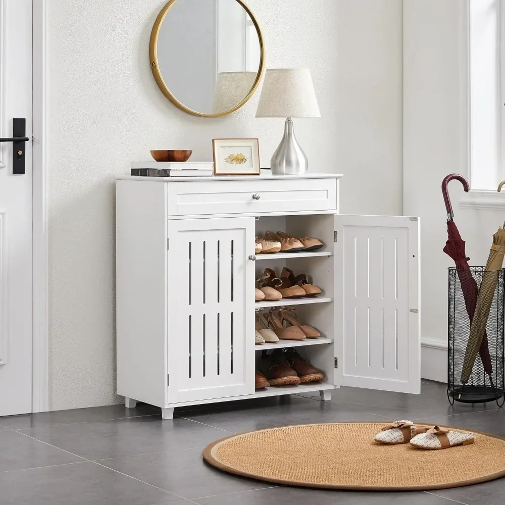 Shoe Cabinet, 4-Tier Shoe Storage Cabinet with Drawer & Adjustable Shelves, Wooden Rack Organizer with Louvered Doors