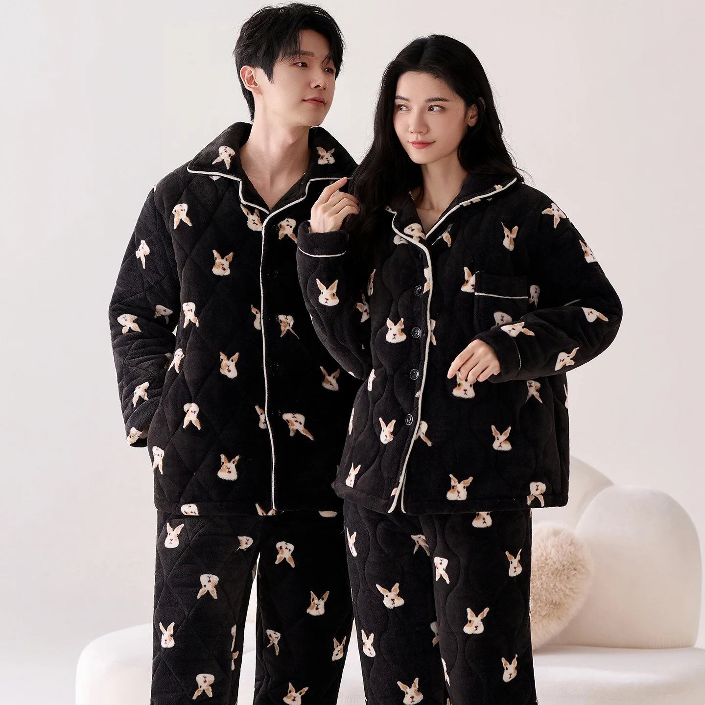 

High Quality Couple Pajamas Set Winter 3 Layer Clip Cotton Pyjamas Lovers Thick Warm Home Clothing