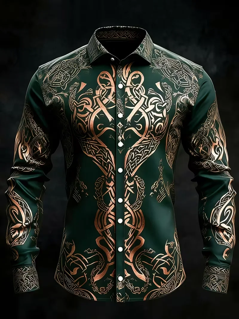 New gold-plated checkered diamond patterned patchwork printed long sleeved shirt with satin collar for men