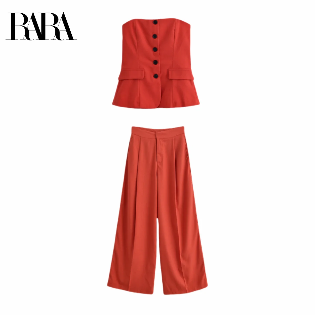 

RARA 2025 Womens Two Piece Outfit Strapless Buttoned Top Wide Leg Pants Suitable for Casual and Semi Formal Occasions