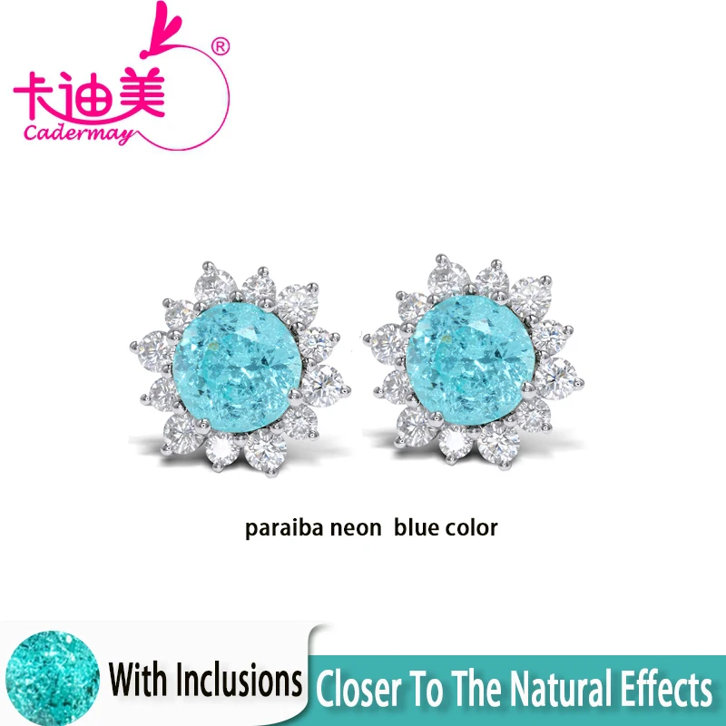 Paraiba Neon Blue Color 8mm Lab Grown Yttrium Aluminum Garnet With Inclusion S925 Silver Earrings  For Women Fine Jewelry