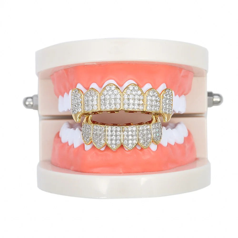 Juego de Grillz de dientes brillantes para hombres y mujeres, tapas de circón cúbico, Micro pavé superior e inferior, parrillas con dijes, joyería de Hip Hop