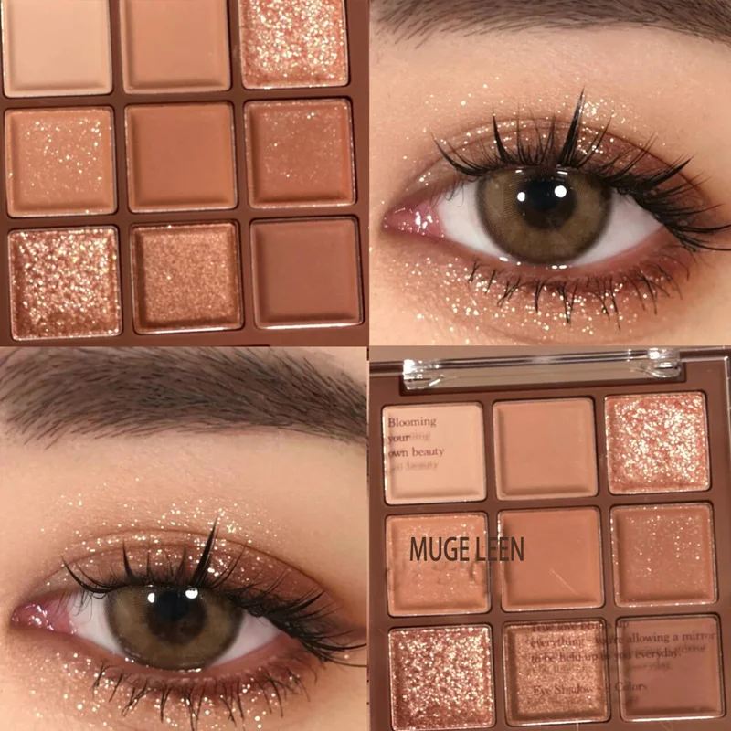 9-Color mocha brown eyeshadow tray, smoky makeup, brown, pearl matte eyeshadow, long-lasting, glamorous eye makeup sparkle