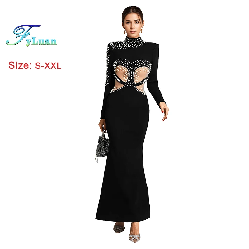 Robe longue à paillettes pour femmes, taille découpée, col rond, décor de strass, Slim, queue de poisson, vêtements de soirée, de bal, nouvelle collection