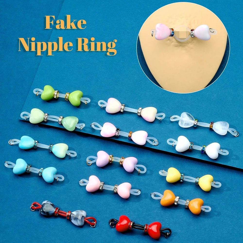 1Pair Fake Nipple Rings Adjustable Nipple Silicone Nooses 8mm Heart Beads Fake Nipple Jewelry Faux Nipple Piercing