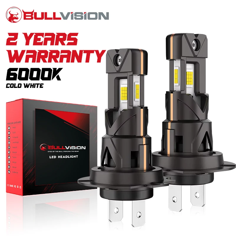 Bullvision H7 LED CANBUS Light 3 Sides Turbo Mini Head Lamp 1:1 Size Wireless H7 Car LED Headlight Bulbs with Fan 6000K White