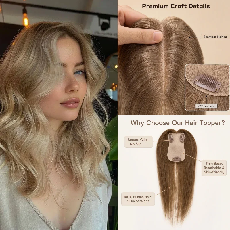 100% Human Hair Topper With Clips 7x11cm 10inch Imitation Hand Tied #2 #8 Hide Receding Hairline & Add Fullness Wholesale