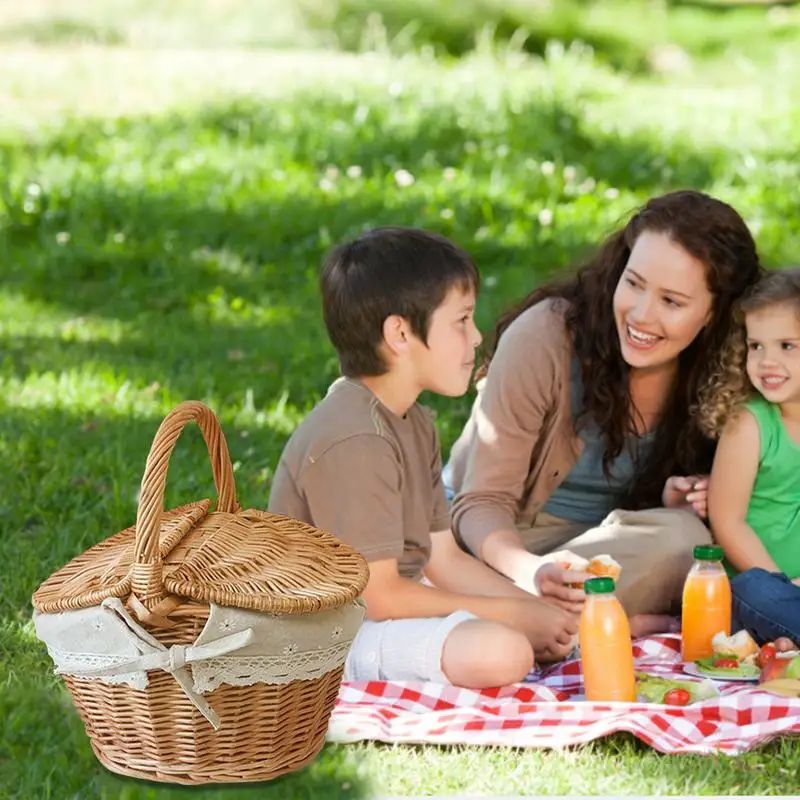 Handmade Large Wicker Basket Handle Picnic Bag Willow Woven Storage Hamper Double-Lid Camping Shopping Storage Hamper Basket