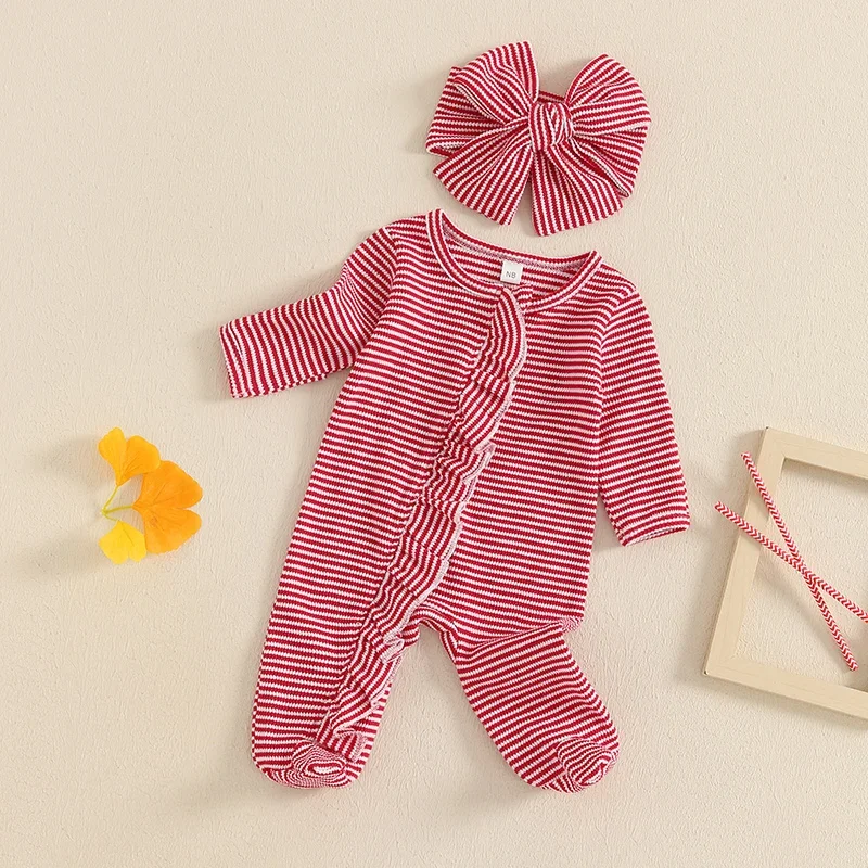 

Newborn Baby Girl Footed Romper Stripe Print Long Sleeve Ruffled Zipper Jumpsuit with Headband for Fall