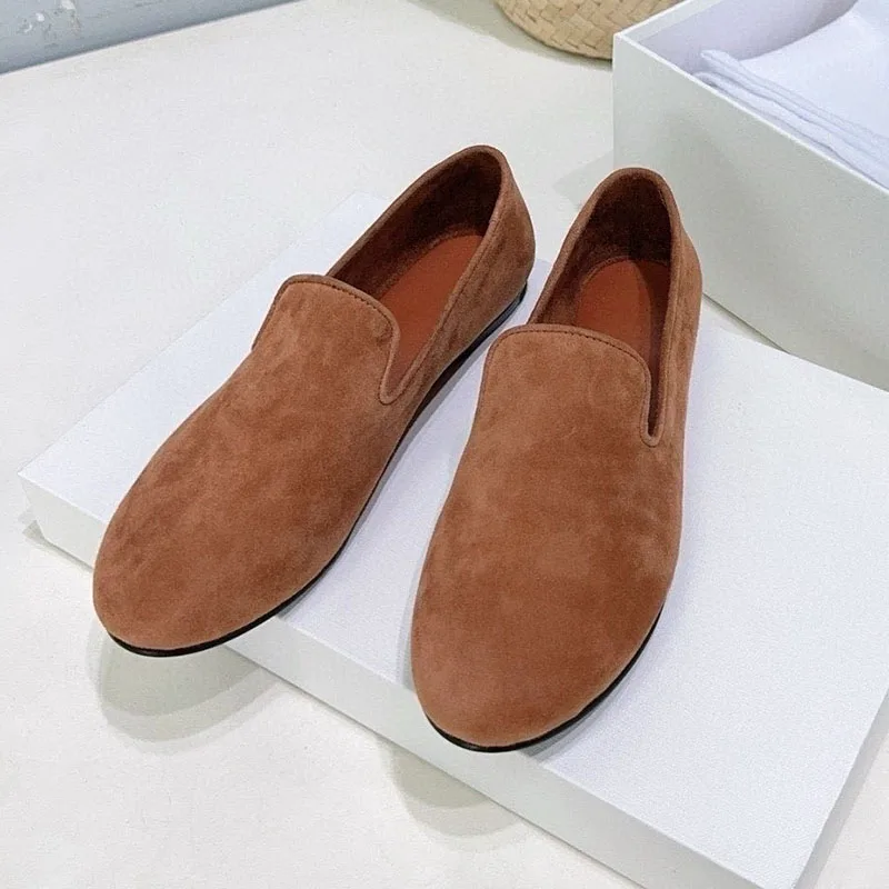 

Loafer Round Toe Cow Suede Shallow Mouth Solid Color Single Shoes Spring Autumn Women's Retro Flat Shoes Commuting Shoes