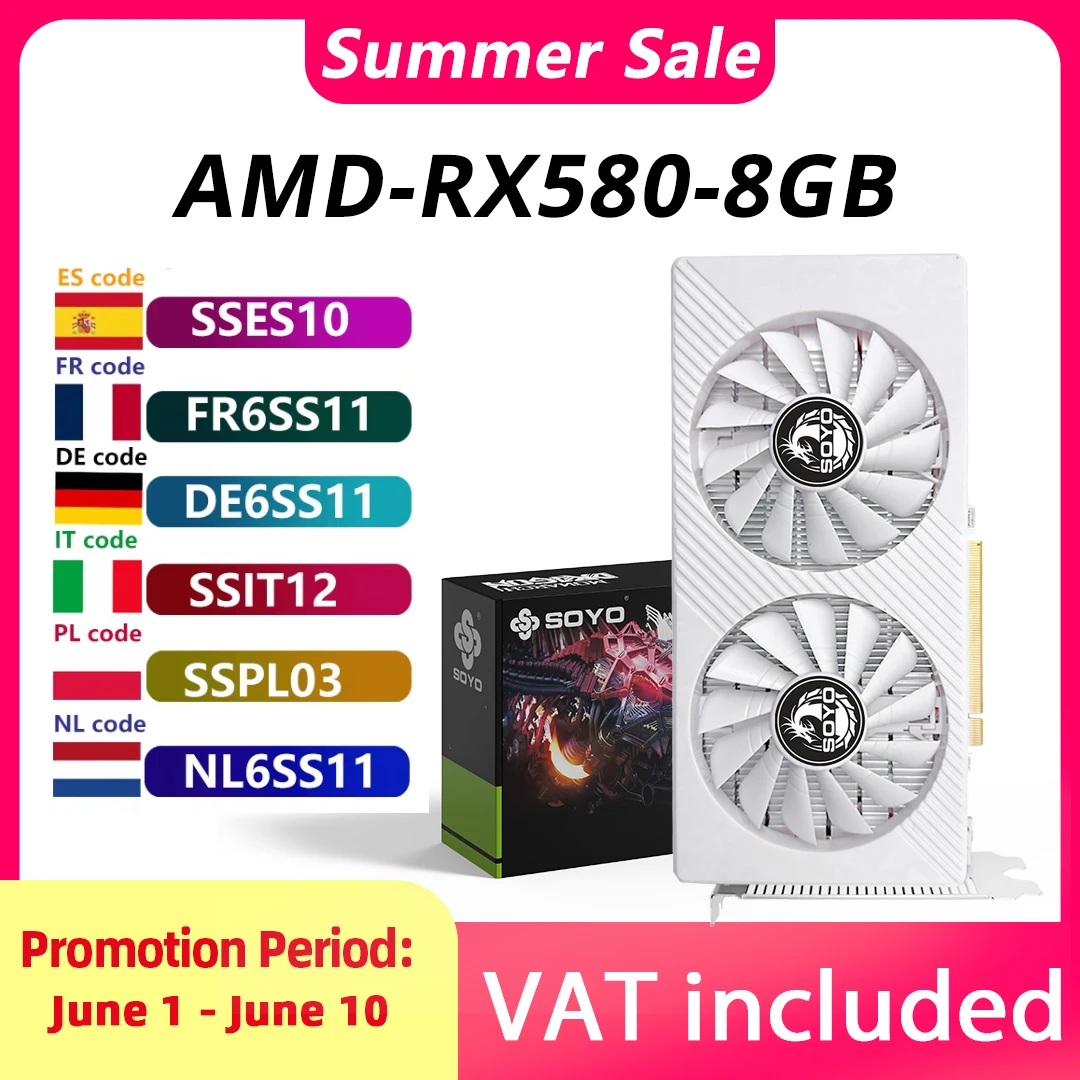 SOYO AMD RX580 8GB Grafikkarte GDDR5 256Bit 2048SP PCIExpress 3.0×16 Gaming-Grafikkarten Desktop-Computerkomponenten Komplett neu