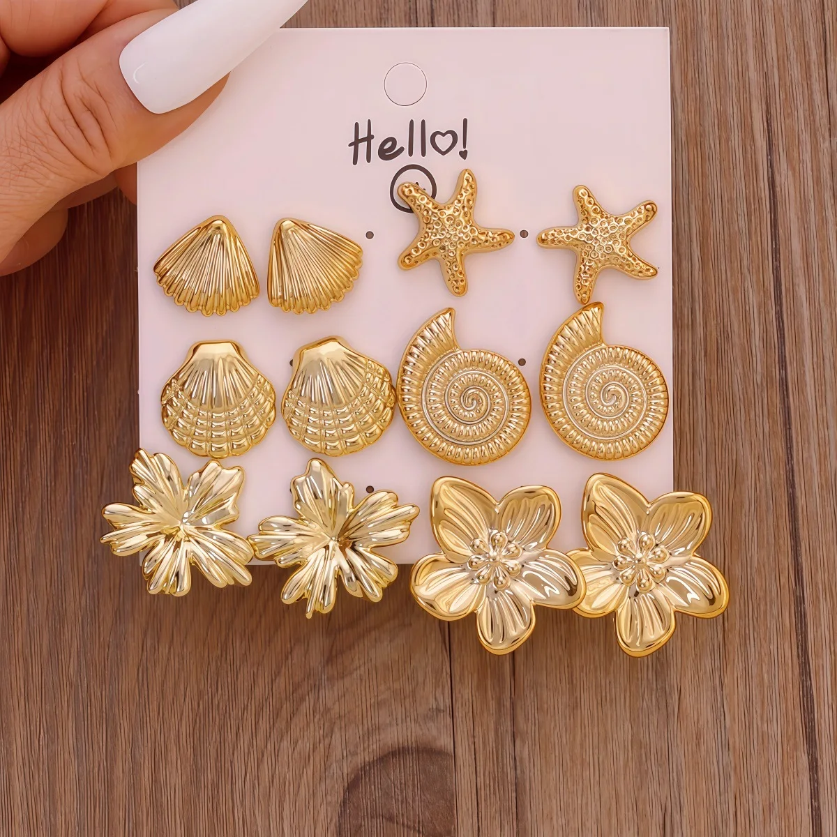 KMVEXO 11 Pairs/Set Gold Color Starfish Shell Flower Stud Earrings Vintage C-shaped Hoop Earring Stylish Women's Daily Jewelry