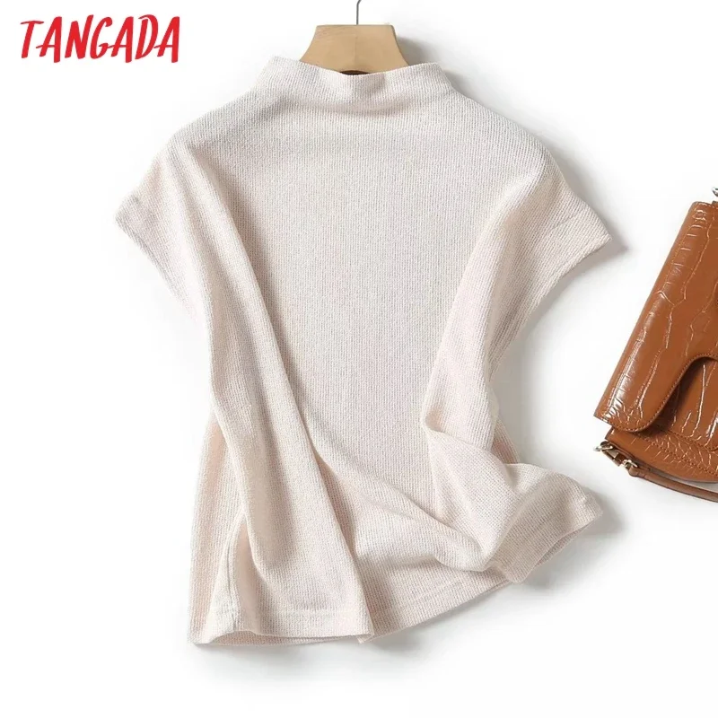 Tangada Women 2024 Fashion Stand Collar Knitted Sweater Jumper Female Crop Pullovers 4C141