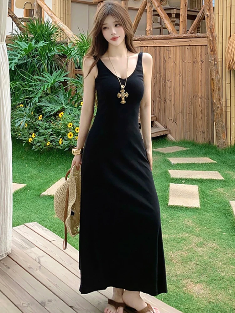 Black V-Ncek Sling Long Dress for Women Summer Elegant Bodycon Luxury Evening Dress 2026 Korean Vintage Hepburn Festival Dresses